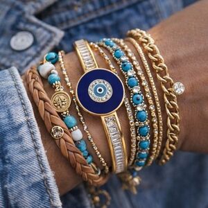 Gold Evil Eye Bracelet – Stainless Steel, Crystals, Protective Charm